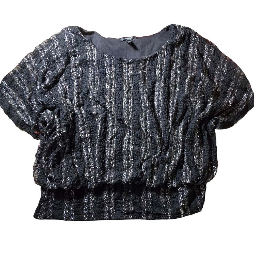 PLUS SIZE 1X STYLE & CO Black Textured Metallic Stripe Short Sleeve Top knit top